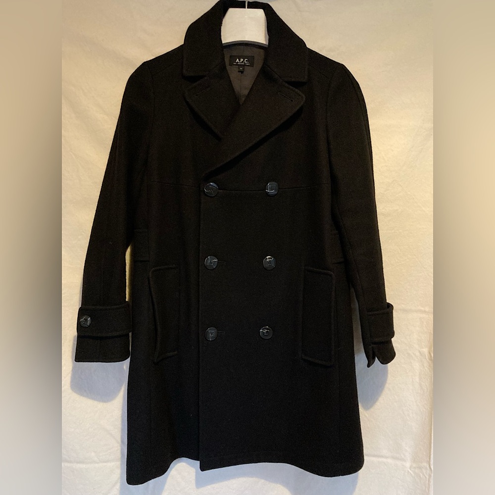 A.P.C. Black wool double breasted pea coat